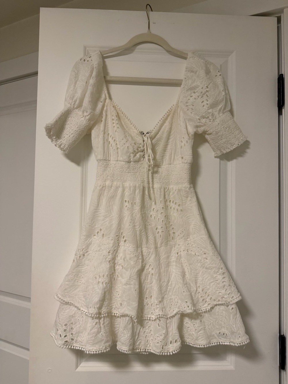 Alice + Olivia White Eyelet Smocked Waist Mini Dress